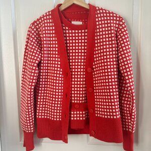 SKFK Knit Set Tricot Cardigan Tank Orange White Check SZ4/S Old Money Preppy